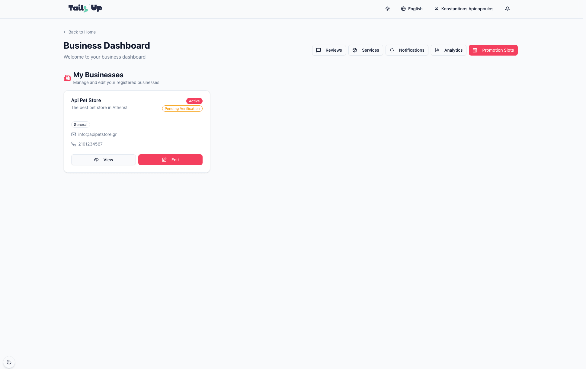 Screenshot: the business dashboard overview